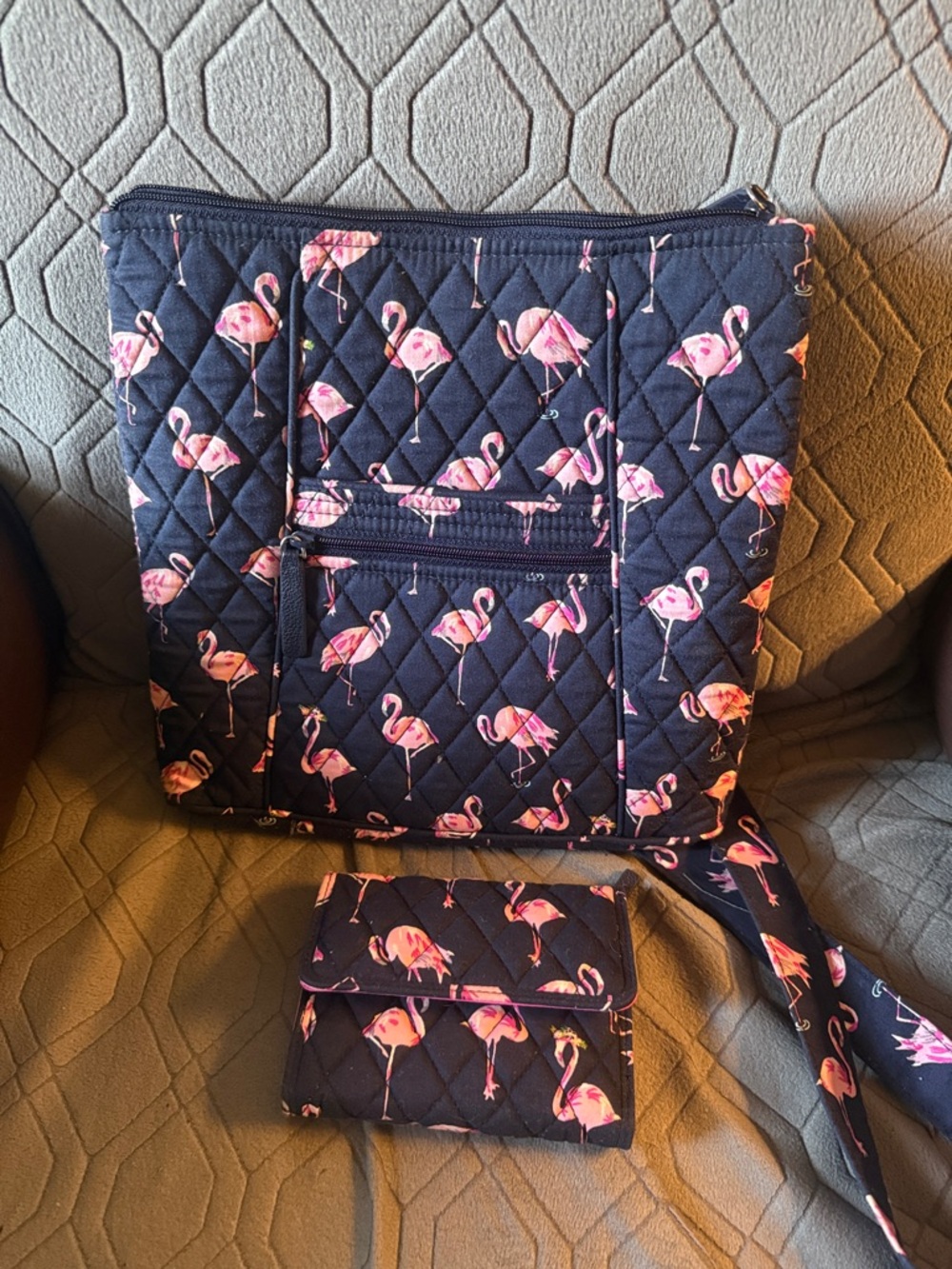 Vera Bradley Navy Crossbody Bag and wallet with Pink Flamingo Print